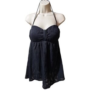 Athena Black Floral Burnout‎ Lace Halter Swim Dress One Piece Swimsuit AT65547 M